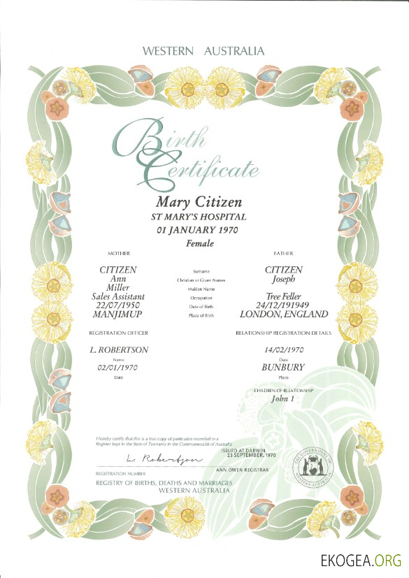 Modèle d'acte de naissance décoratif (commémoratif) d'Australie Occidentale au format PSD